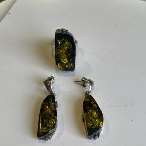Elegant Baltic Green Amber and Silver Jewelry Set